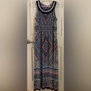 Dress Barn Floral Geometric Boho Bedazzled Neck Maxi Long Dress Women’s Size 12